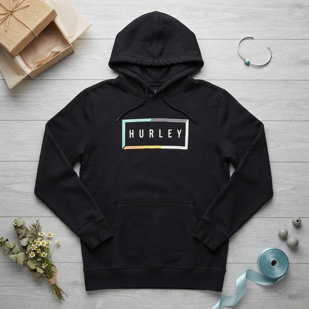 Hurley Mens Graphic Logo Pullover Hoodie Black Fleece Sweatshirt Size M